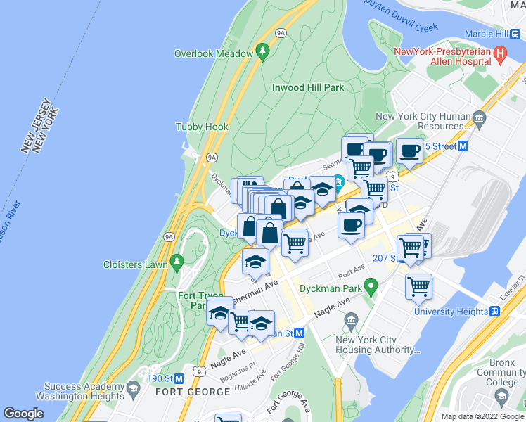 map of restaurants, bars, coffee shops, grocery stores, and more near 10 Seaman Avenue in New York