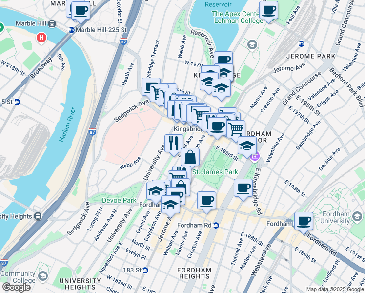 map of restaurants, bars, coffee shops, grocery stores, and more near 51 West 192nd Street in Bronx