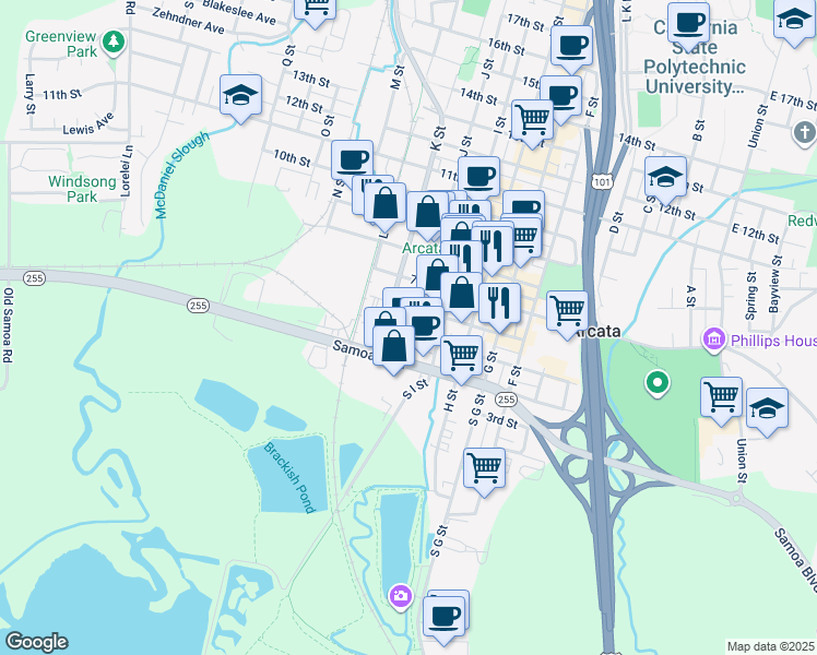map of restaurants, bars, coffee shops, grocery stores, and more near 421 J Street in Arcata