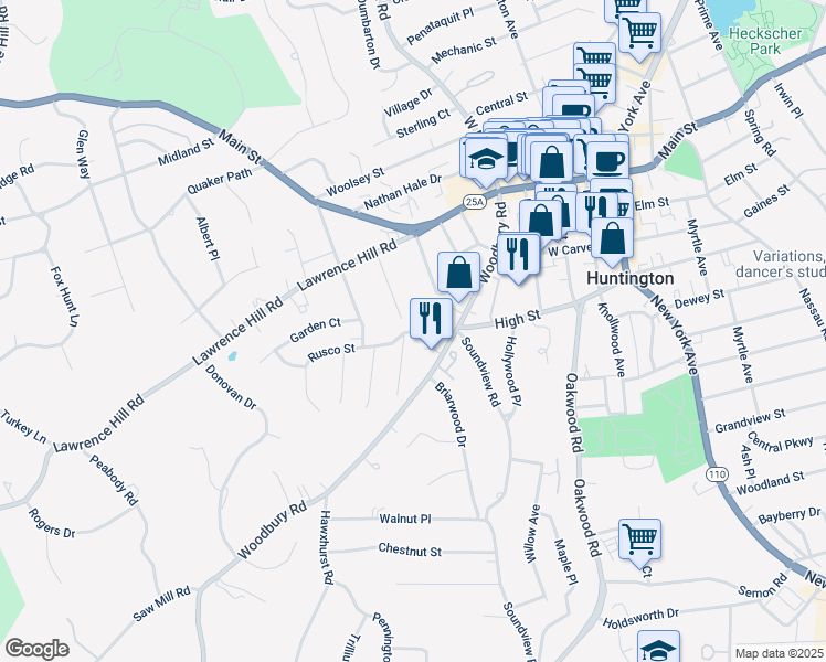 map of restaurants, bars, coffee shops, grocery stores, and more near 18 Minetta Court in Huntington