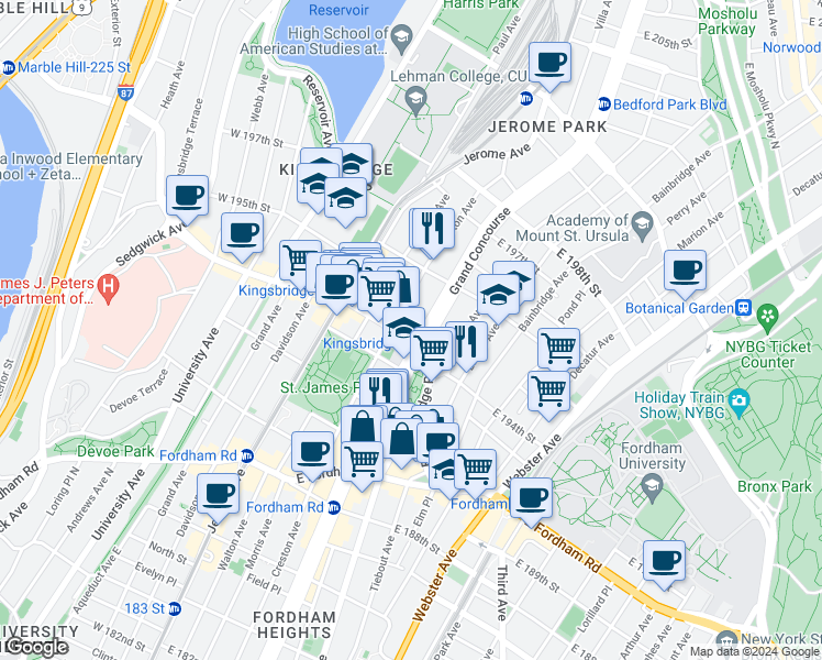 map of restaurants, bars, coffee shops, grocery stores, and more near in The Bronx
