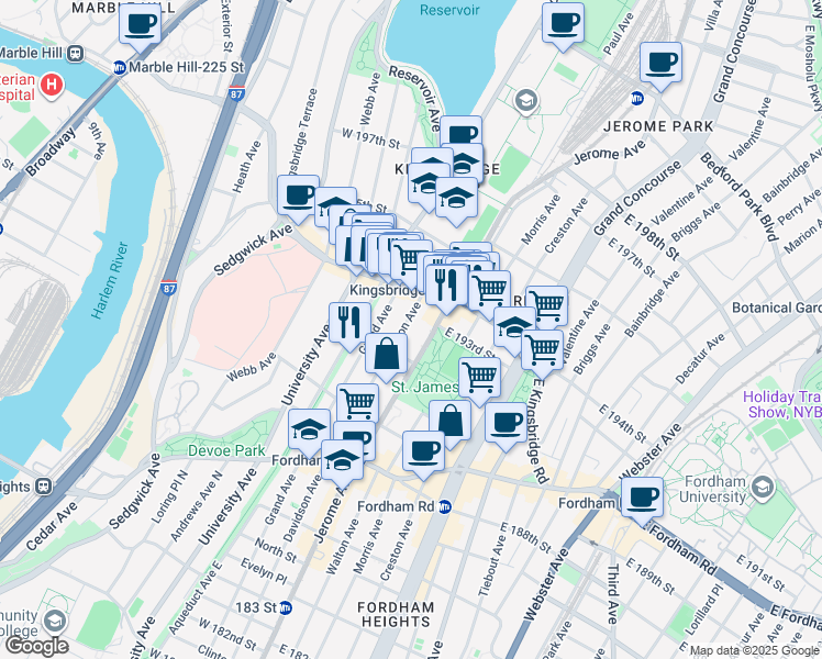 map of restaurants, bars, coffee shops, grocery stores, and more near 2601 Jerome Avenue in Bronx