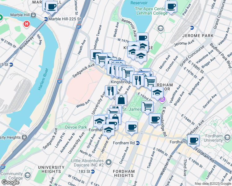 map of restaurants, bars, coffee shops, grocery stores, and more near 2546 Grand Avenue in Bronx