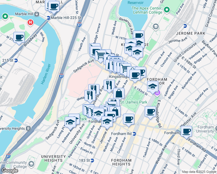 map of restaurants, bars, coffee shops, grocery stores, and more near 2541 Aqueduct Avenue in Bronx