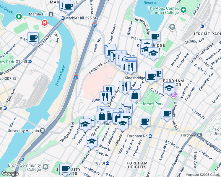 map of restaurants, bars, coffee shops, grocery stores, and more near 2515 University Avenue in Bronx