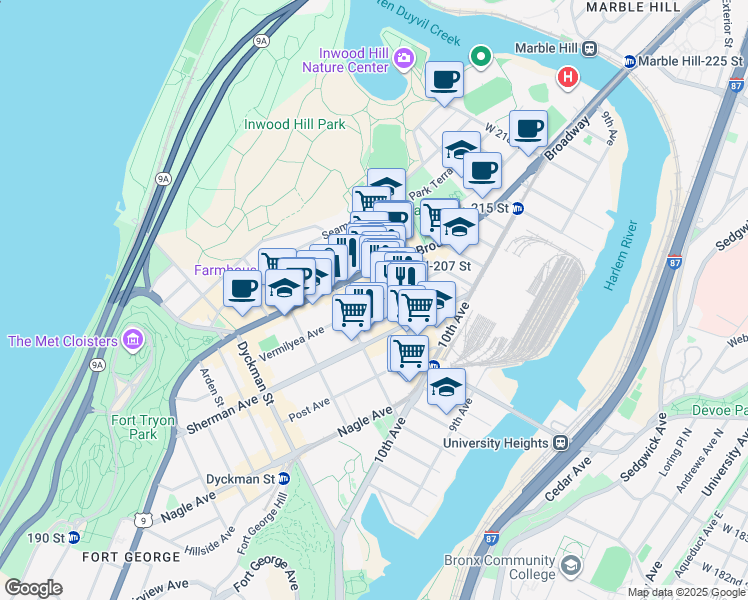 map of restaurants, bars, coffee shops, grocery stores, and more near 115 Vermilyea Avenue in New York