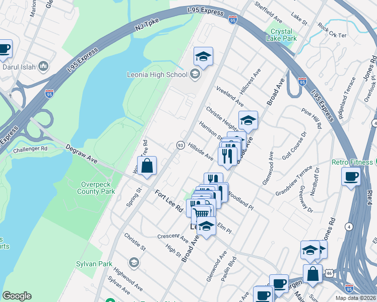 map of restaurants, bars, coffee shops, grocery stores, and more near 216 Leonia Avenue in Leonia