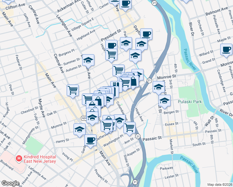 map of restaurants, bars, coffee shops, grocery stores, and more near 236 Monroe Street in Passaic