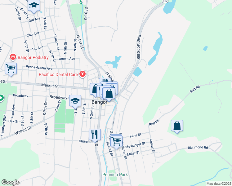 map of restaurants, bars, coffee shops, grocery stores, and more near 41 South Main Street in Bangor