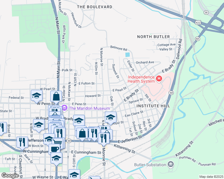 map of restaurants, bars, coffee shops, grocery stores, and more near 160 Oak Street in Butler