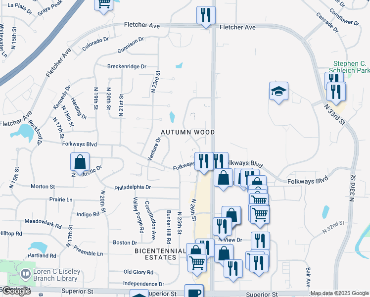 map of restaurants, bars, coffee shops, grocery stores, and more near 5423 Enterprise Drive in Lincoln