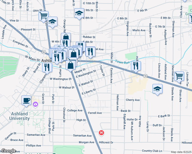 map of restaurants, bars, coffee shops, grocery stores, and more near 145 East Walnut Street in Ashland