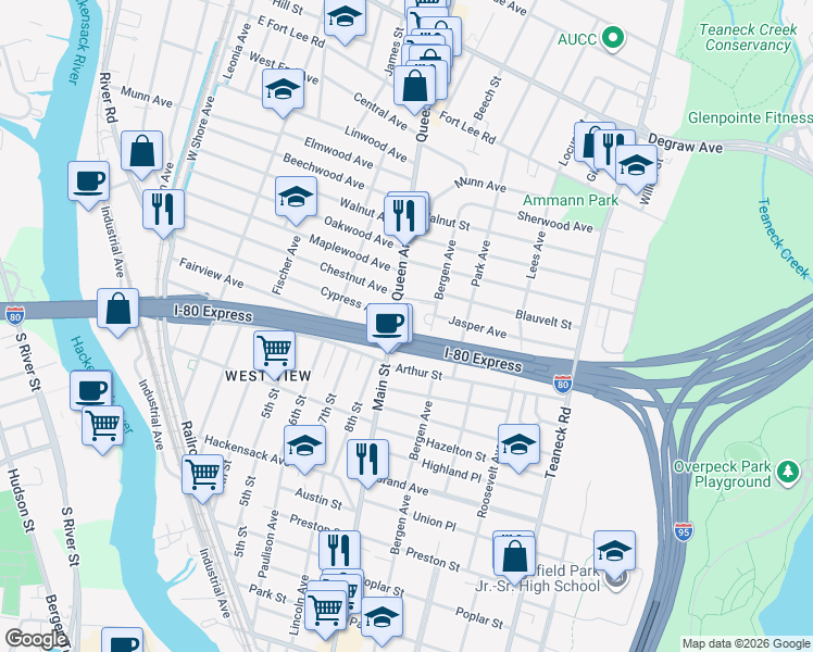 map of restaurants, bars, coffee shops, grocery stores, and more near 20 Arthur Street in Ridgefield Park
