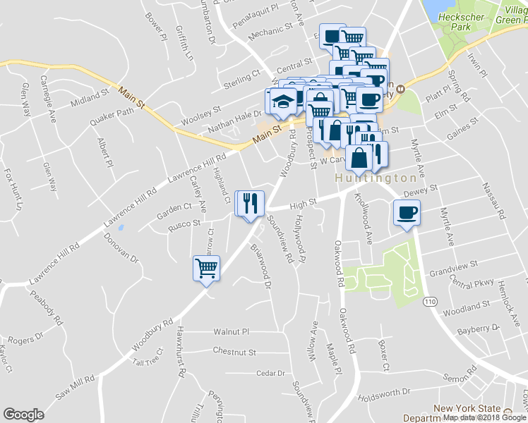 map of restaurants, bars, coffee shops, grocery stores, and more near Woodbury Rd & Soundview Rd in Huntington