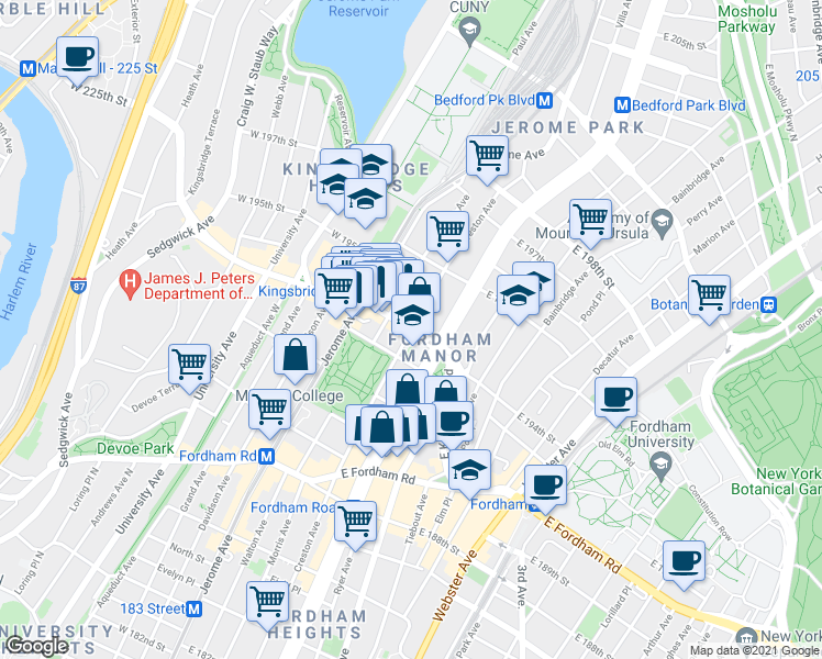 map of restaurants, bars, coffee shops, grocery stores, and more near East Kingsbridge Road & Creston Avenue in Bronx