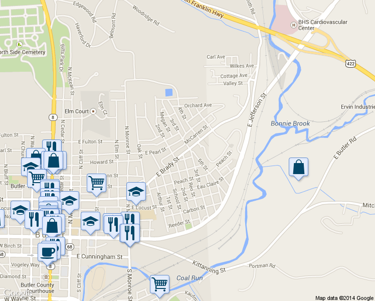 map of restaurants, bars, coffee shops, grocery stores, and more near 901 East Brady Street in Butler