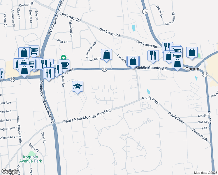 map of restaurants, bars, coffee shops, grocery stores, and more near 41 Theodore Dr in Coram
