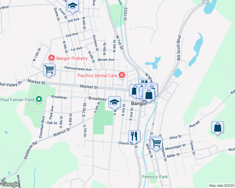 map of restaurants, bars, coffee shops, grocery stores, and more near 23 South 4th Street in Bangor