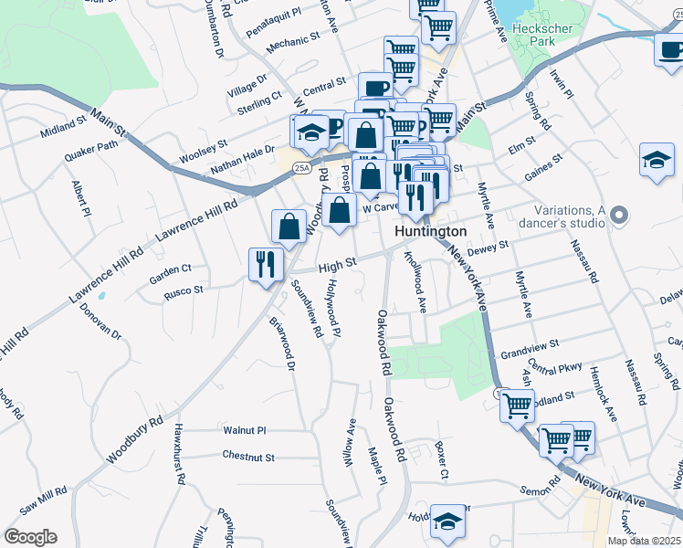map of restaurants, bars, coffee shops, grocery stores, and more near 27 High Oaks Court in Huntington