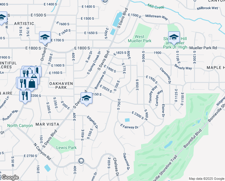 map of restaurants, bars, coffee shops, grocery stores, and more near 704 East 2025 South in Bountiful