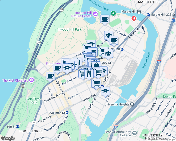 map of restaurants, bars, coffee shops, grocery stores, and more near 115 Vermilyea Avenue in New York