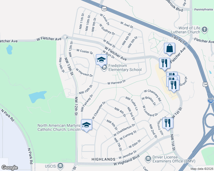 map of restaurants, bars, coffee shops, grocery stores, and more near 5620 Northwest Fairway Drive in Lincoln
