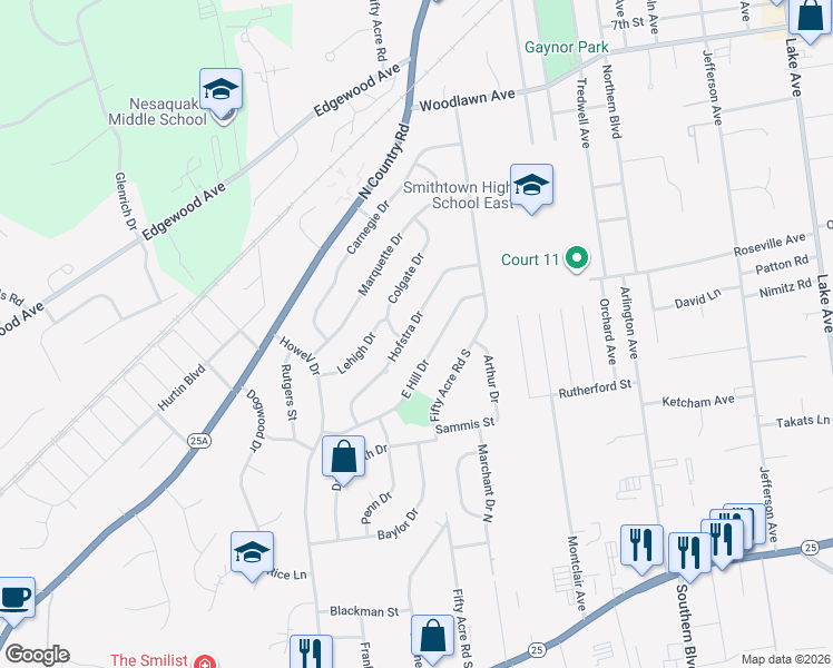 map of restaurants, bars, coffee shops, grocery stores, and more near 38 East Hill Drive in Smithtown