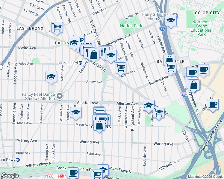 map of restaurants, bars, coffee shops, grocery stores, and more near 1528 Bantam Place in Bronx