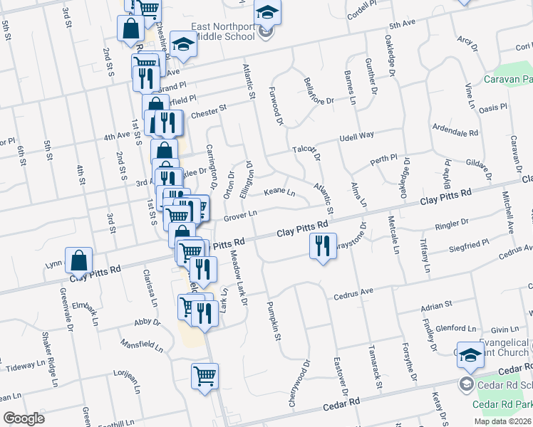 map of restaurants, bars, coffee shops, grocery stores, and more near 50 Grover Lane in East Northport