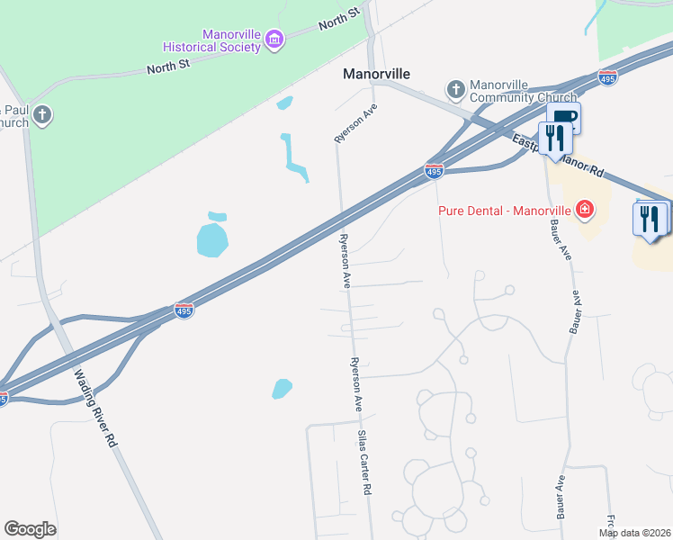 map of restaurants, bars, coffee shops, grocery stores, and more near 66 Ryerson Avenue in Manorville