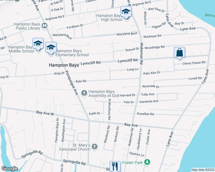 map of restaurants, bars, coffee shops, grocery stores, and more near 21 North Westbury Road in Hampton Bays