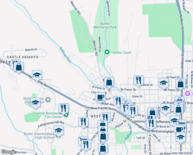 map of restaurants, bars, coffee shops, grocery stores, and more near 342 North 6th Avenue in Butler