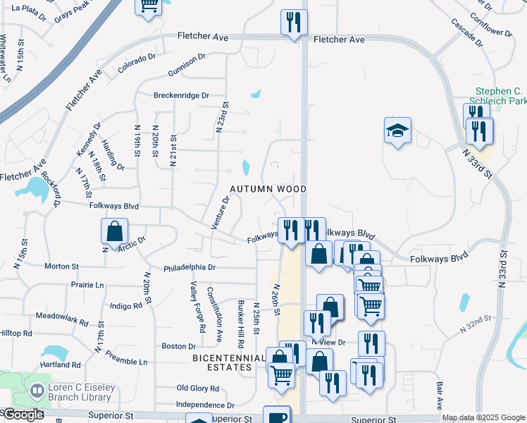 map of restaurants, bars, coffee shops, grocery stores, and more near 5423 Enterprise Drive in Lincoln
