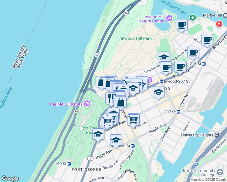 map of restaurants, bars, coffee shops, grocery stores, and more near 2 Seaman Avenue in New York