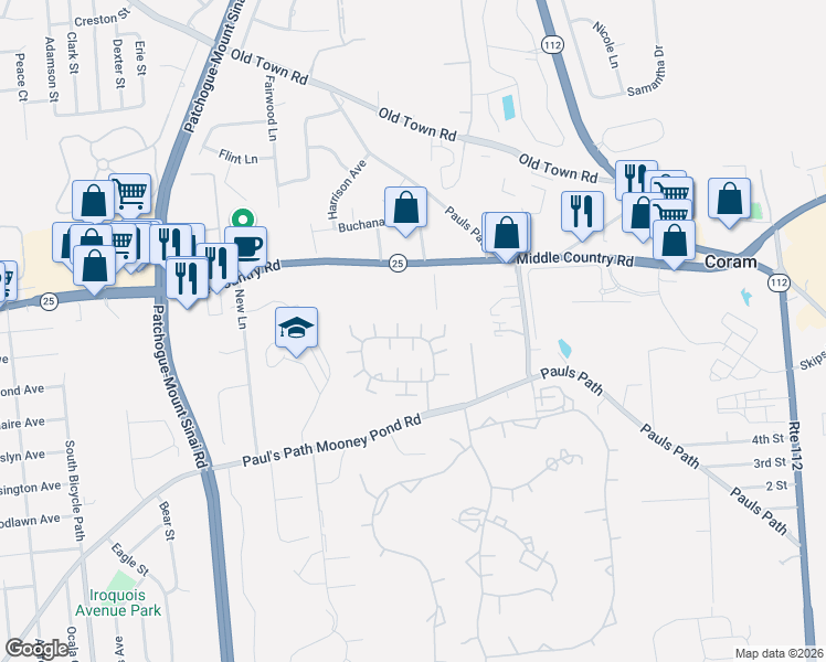 map of restaurants, bars, coffee shops, grocery stores, and more near 41 Theodore Drive in Coram