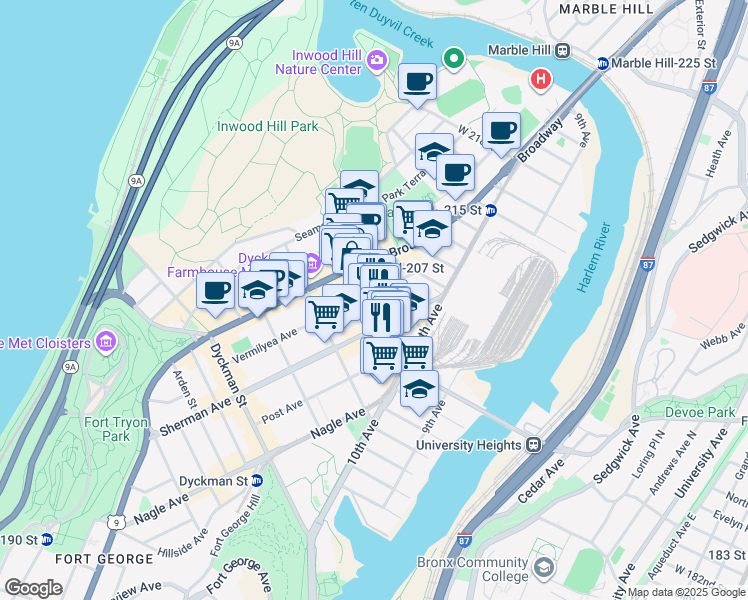 map of restaurants, bars, coffee shops, grocery stores, and more near 145 Vermilyea Avenue in New York