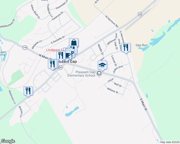 map of restaurants, bars, coffee shops, grocery stores, and more near 202 South Main Street in Pleasant Gap