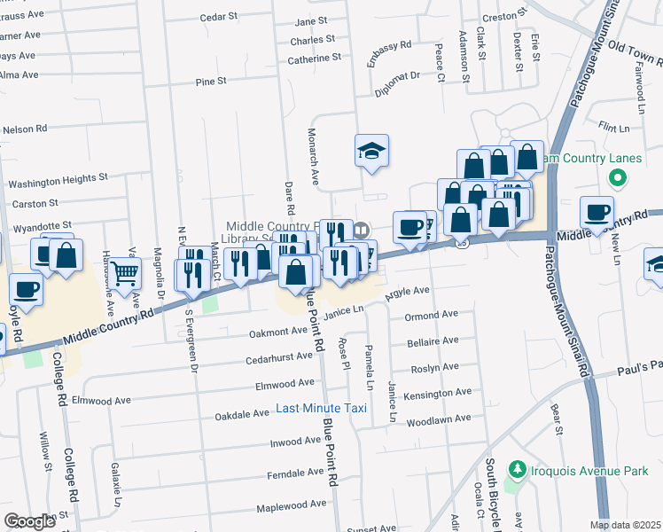 map of restaurants, bars, coffee shops, grocery stores, and more near 615 Middle Country Road in Selden