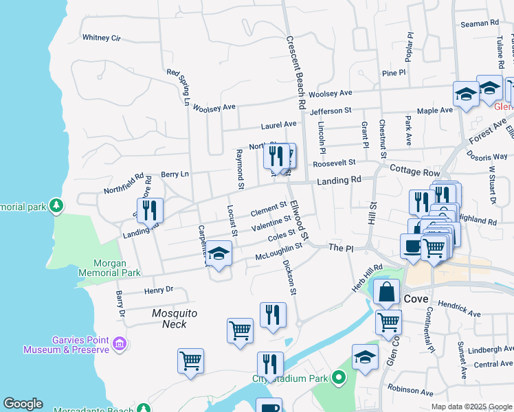map of restaurants, bars, coffee shops, grocery stores, and more near 22 Valentine Street in Glen Cove