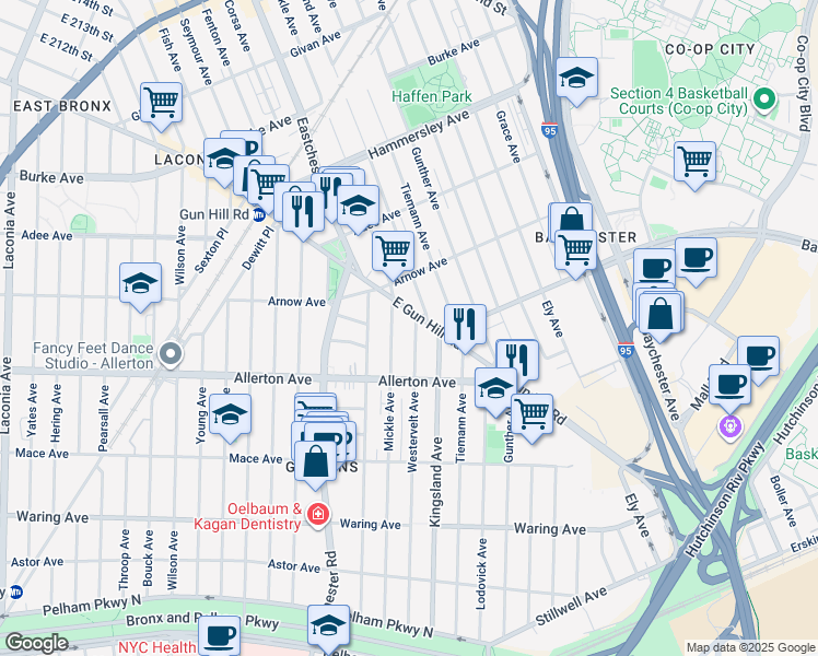 map of restaurants, bars, coffee shops, grocery stores, and more near 2726 Mickle Avenue in The Bronx