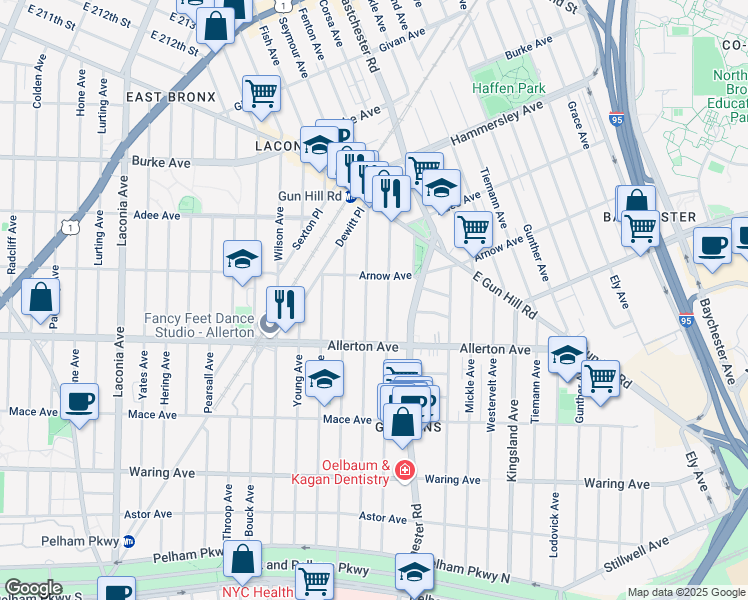 map of restaurants, bars, coffee shops, grocery stores, and more near 2720 Morgan Avenue in Bronx