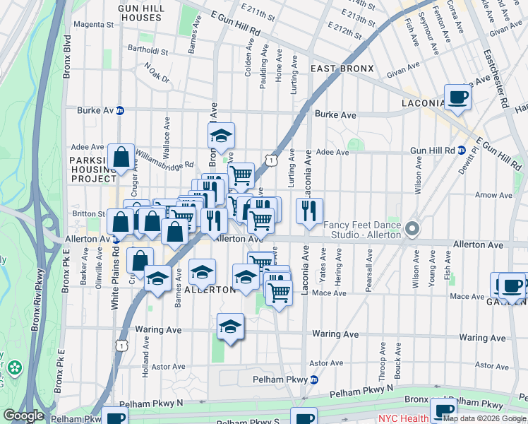 map of restaurants, bars, coffee shops, grocery stores, and more near 2710 Paulding Avenue in Bronx