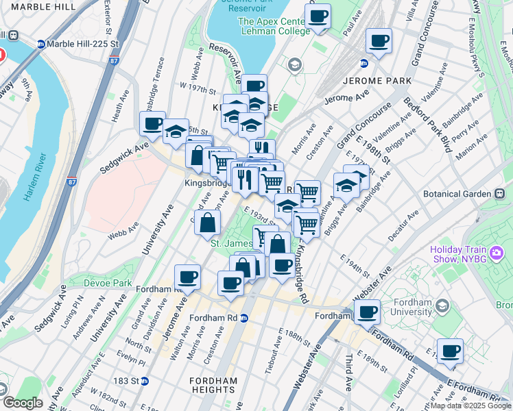 map of restaurants, bars, coffee shops, grocery stores, and more near 2550 Jerome Avenue in The Bronx