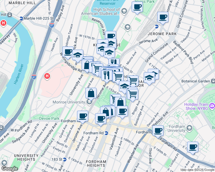 map of restaurants, bars, coffee shops, grocery stores, and more near 2550 Jerome Avenue in The Bronx