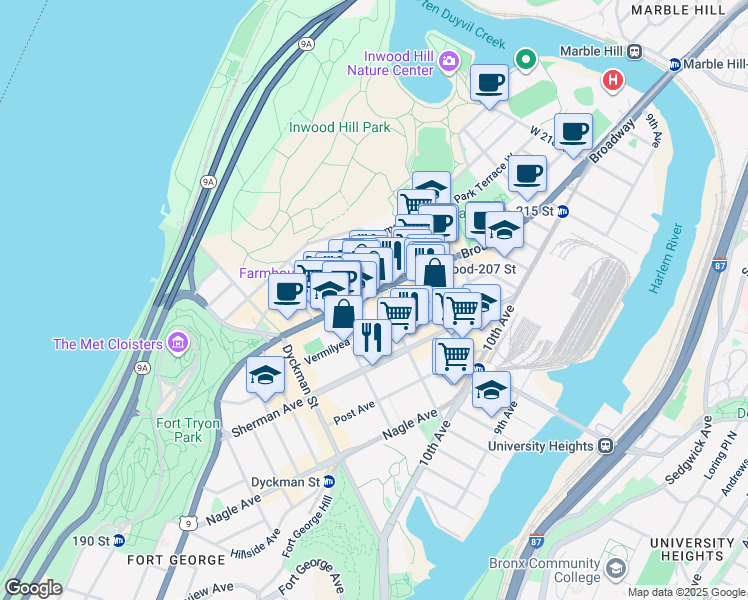 map of restaurants, bars, coffee shops, grocery stores, and more near 86 Vermilyea Avenue in New York