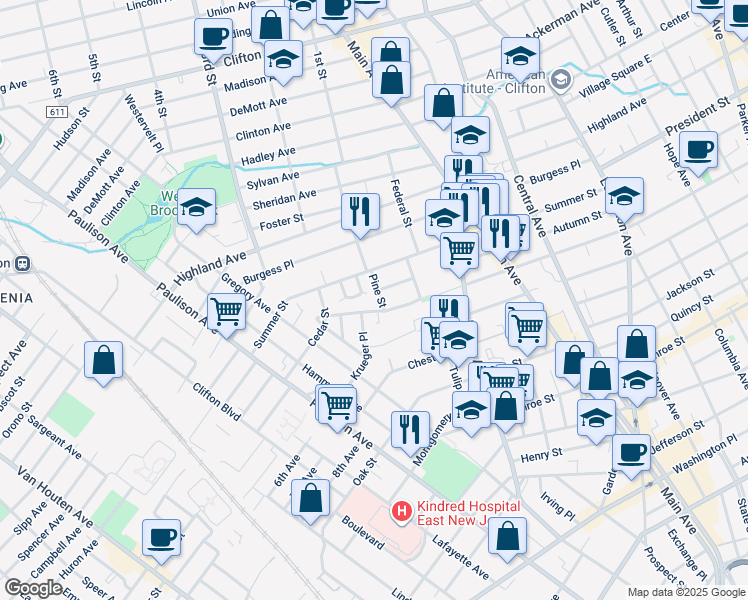 map of restaurants, bars, coffee shops, grocery stores, and more near 555 McKinley Street in Passaic