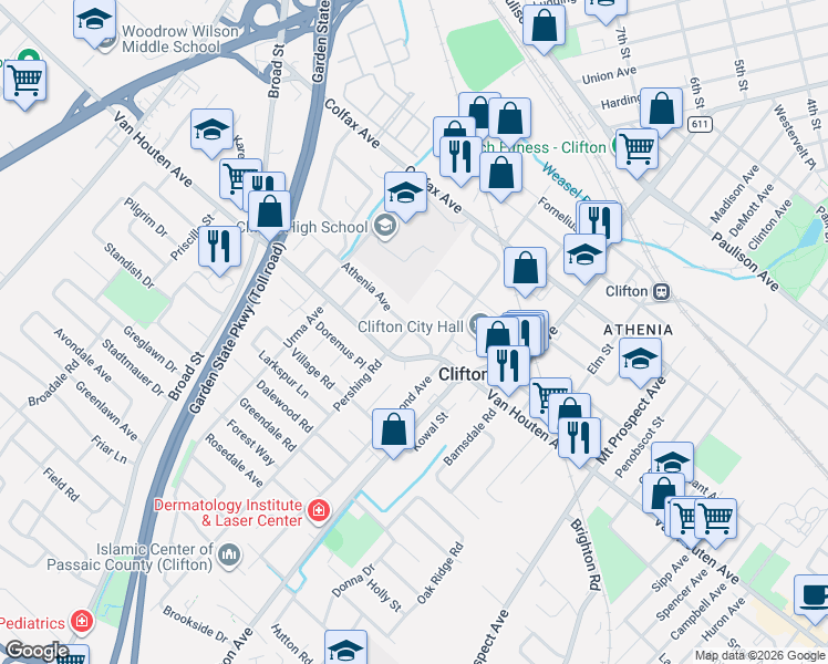 map of restaurants, bars, coffee shops, grocery stores, and more near 1034 Van Houten Avenue in Clifton