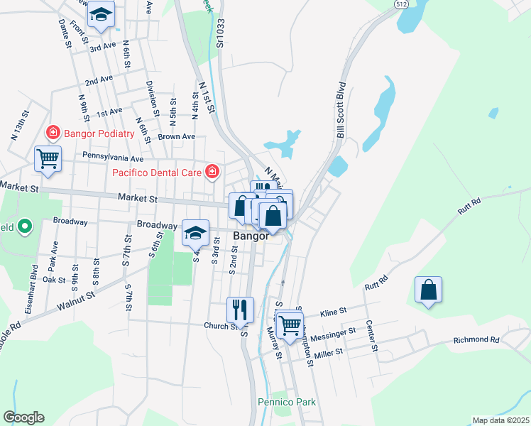 map of restaurants, bars, coffee shops, grocery stores, and more near 35 Broadway in Bangor