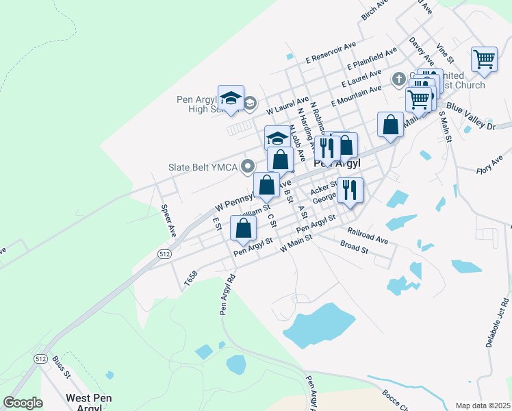 map of restaurants, bars, coffee shops, grocery stores, and more near 511 George Street in Pen Argyl