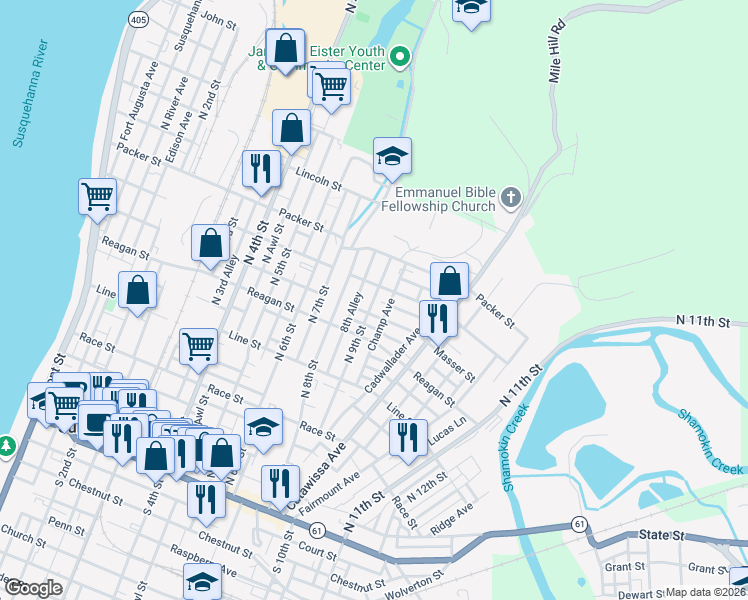 map of restaurants, bars, coffee shops, grocery stores, and more near 907 Masser Street in Sunbury